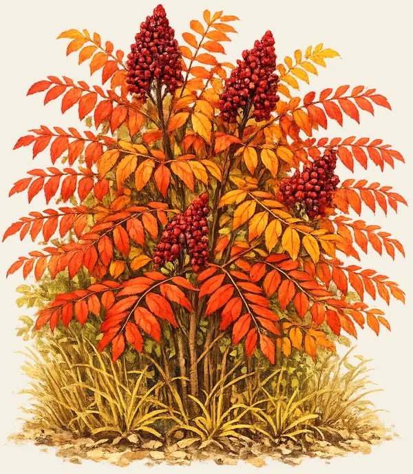 Mature winged sumac shrub in brilliant red and orange autumn foliage with crimson berry clusters