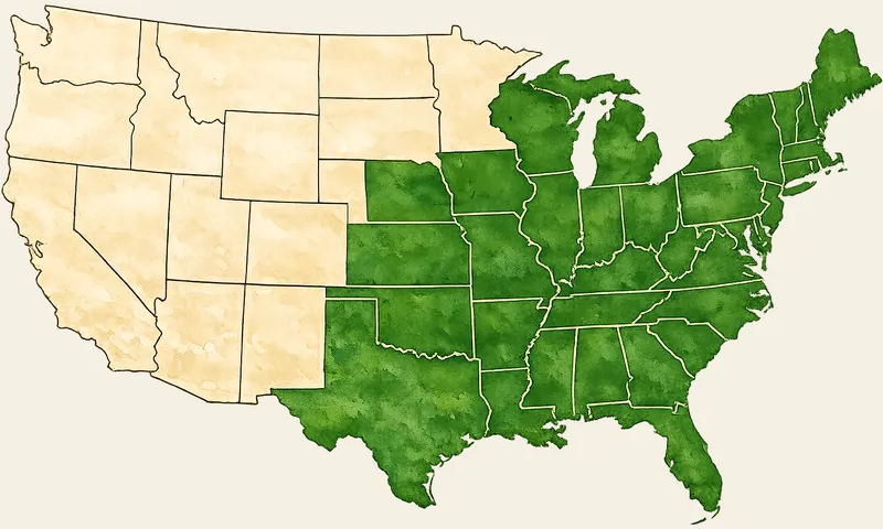 United States map showing winged sumac native range in deep green across 32 central and eastern states